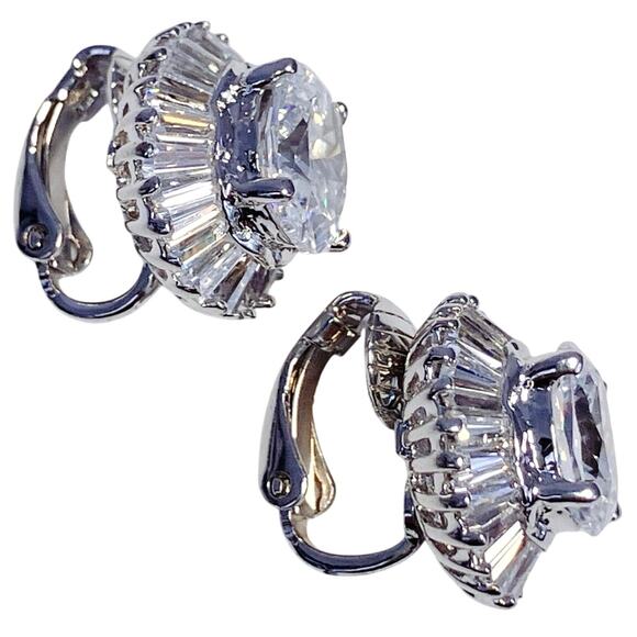 Signed NM Neiman Marcus CZ Halo Clip On Earrings Silver Tone Formal Evening - Picture 5 of 11